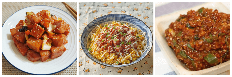 매콤스팸볶음, 스팸마요덮밥, 스팸쌈장 사진