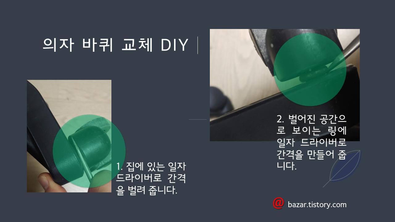 지렛대의 원리를 통해서 의자 바퀴를 교체하는 모습