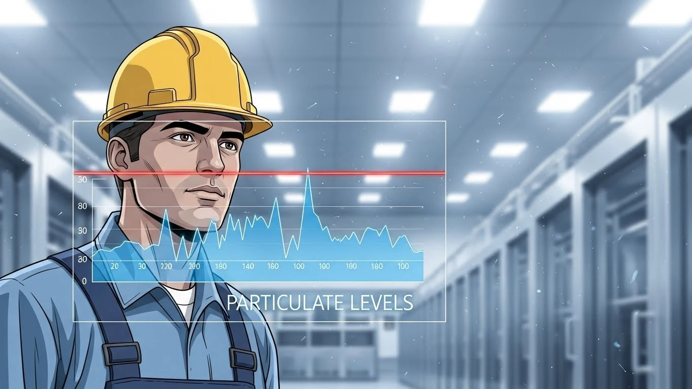 산업안전보건법에 따른 작업환경측정 원리를 설명하는 이미지. 한 근로자 앞에 허용오염농도(TLV-TWA) 기준선 아래로 관리되는 데이터 그래프가 떠 있고, 공기 중 유해물질을 시각적으로 표현함.