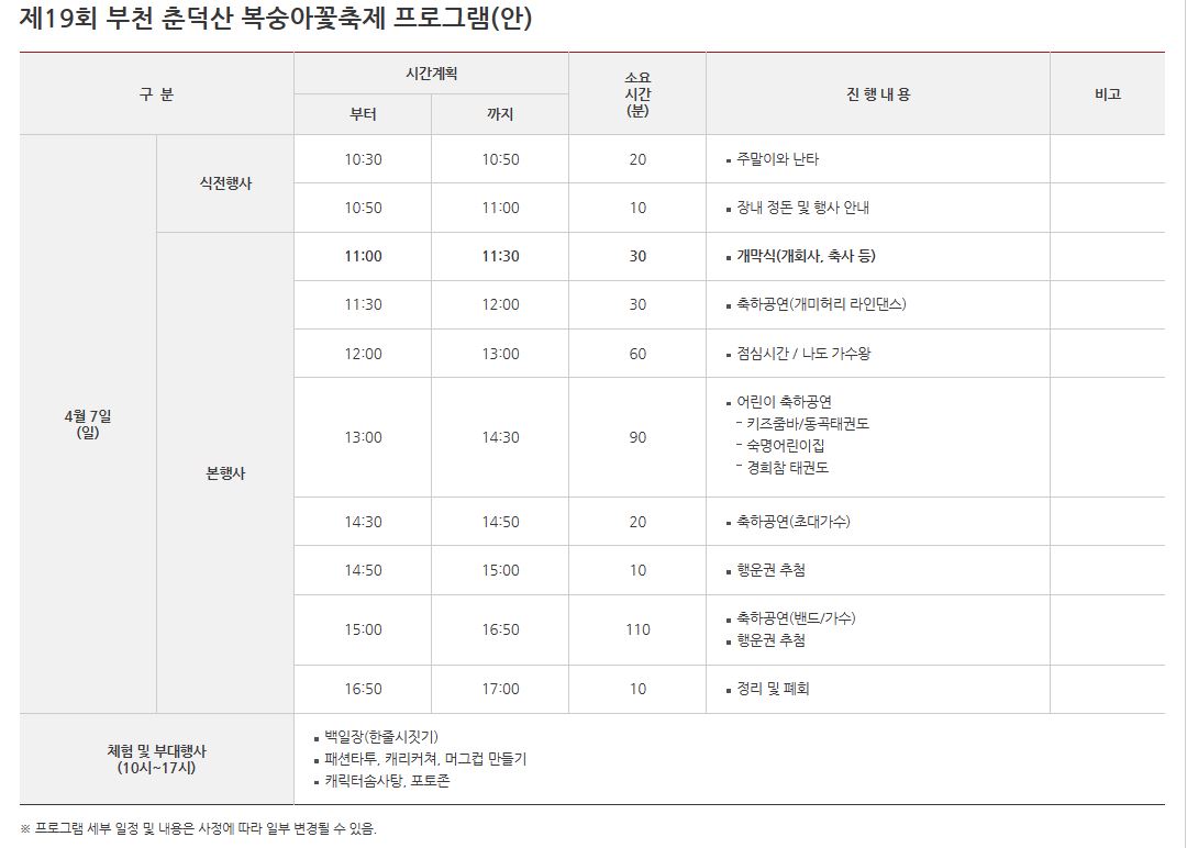 부천춘덕산복숭아꽃축제 프로그램