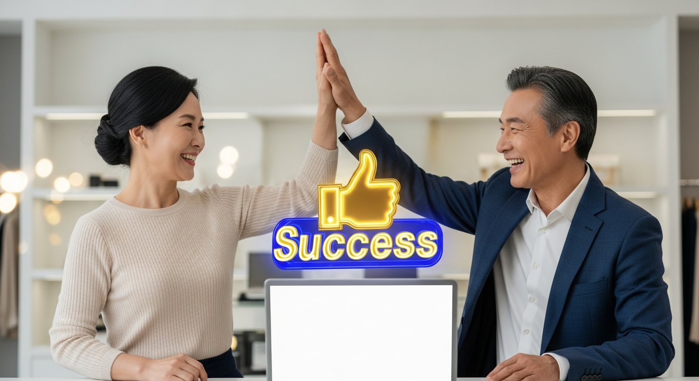 정부 마케팅 지원금을 통해 매출 상승을 이루고 활짝 웃으며 제2의 전성기를 맞이한 중년 사장님