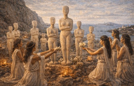 에게해 키클라데스 문명의 대리석 여성상 조각 앞에서 제의를 올리는 사람들