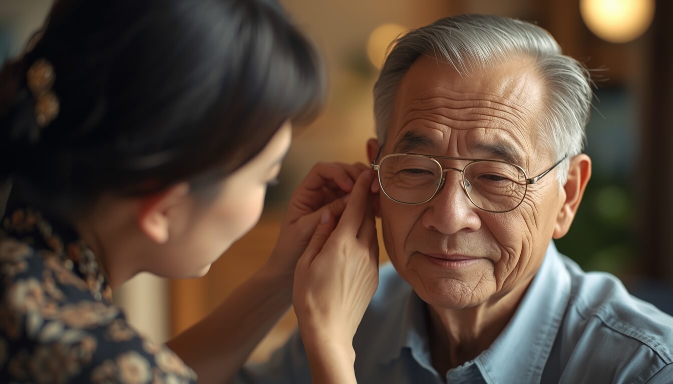 아버지의 청력 건강을 챙기며 귀를 관리하는 딸