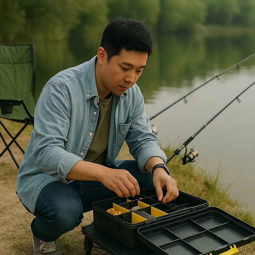 낚시용 미끼와 채비를 정리 중인 남성