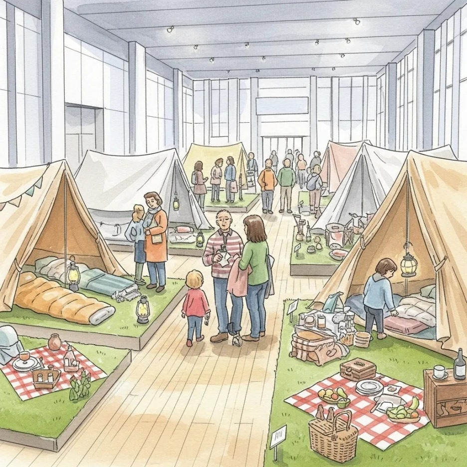 박람회장에서 캠핑 장비를 구경하는 사람들