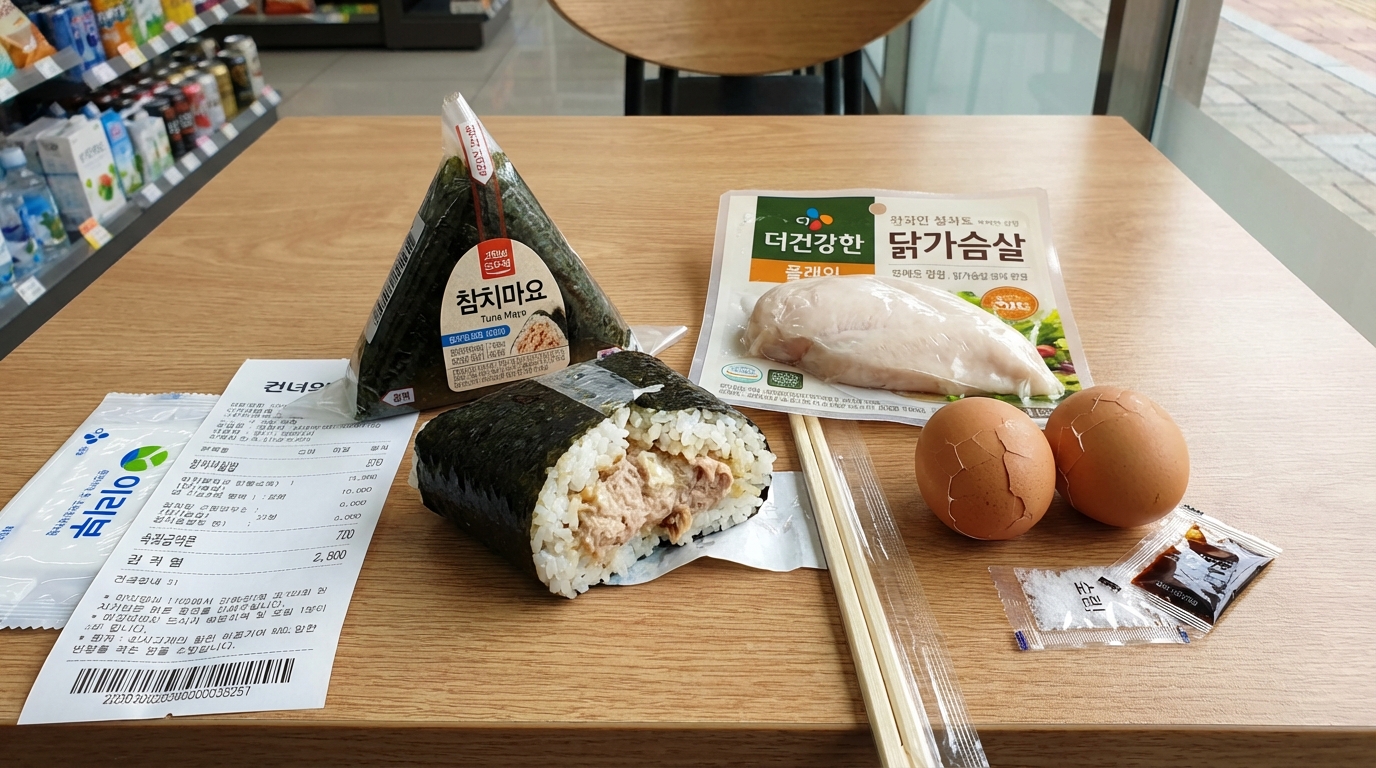 참치 삼각김밥, 닭가슴살 팩, 감동란으로 구성된 5천 원 이하의 편의점 다이어트 식단 조합