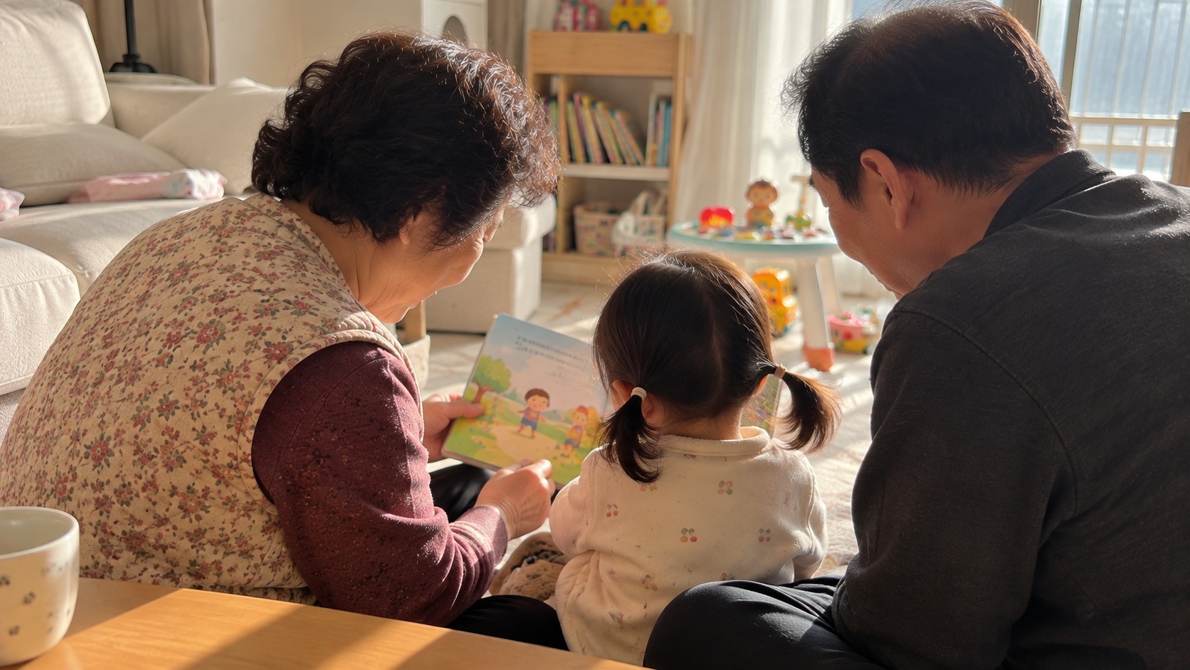 한국 가정의 거실에서 할머니와 할아버지가 어린 손주와 함께 앉아 동화책을 읽어주는 따뜻한 모습