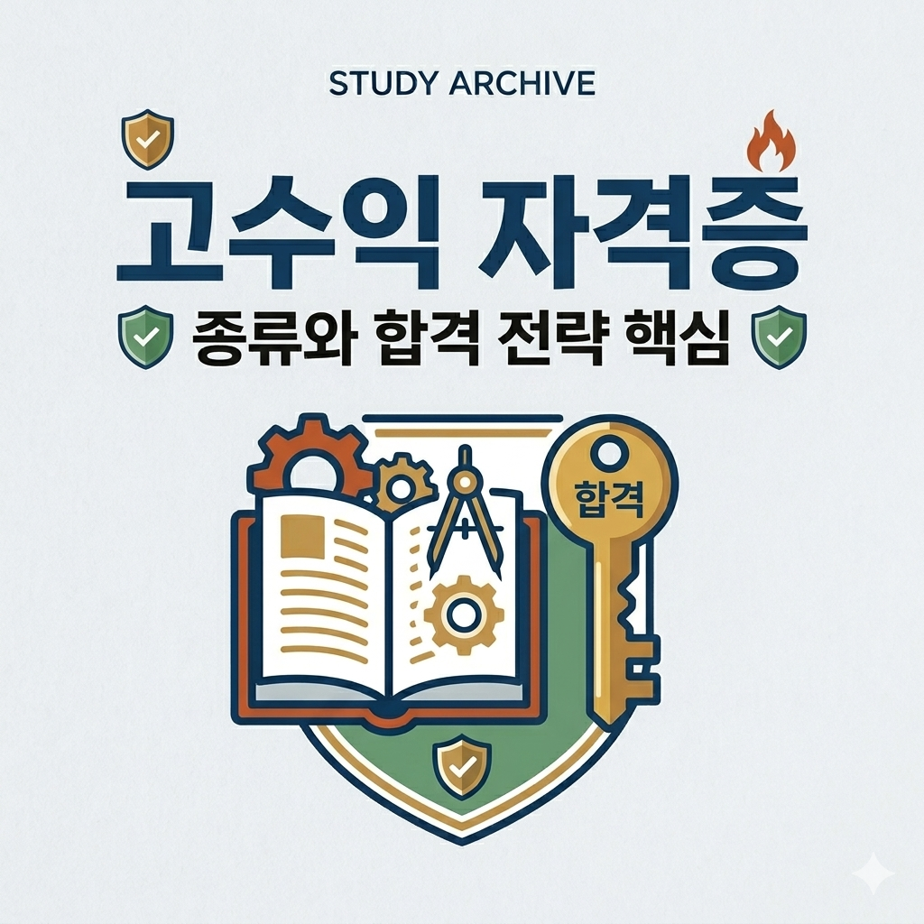 고수익 자격증 종류와 합격 전략 핵심을 설명하는 블로그 대표 섬네일. STUDY ARCHIVE 로고와 함께 책, 황금 열쇠 일러스트가 포함된 정사각형 이미지