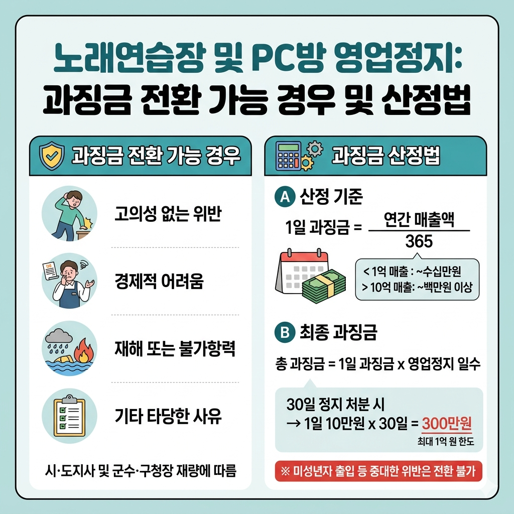 노래연습장 및 PC방 영업정지 처분 시 과징금으로 전환 가능한 경우와 산정법