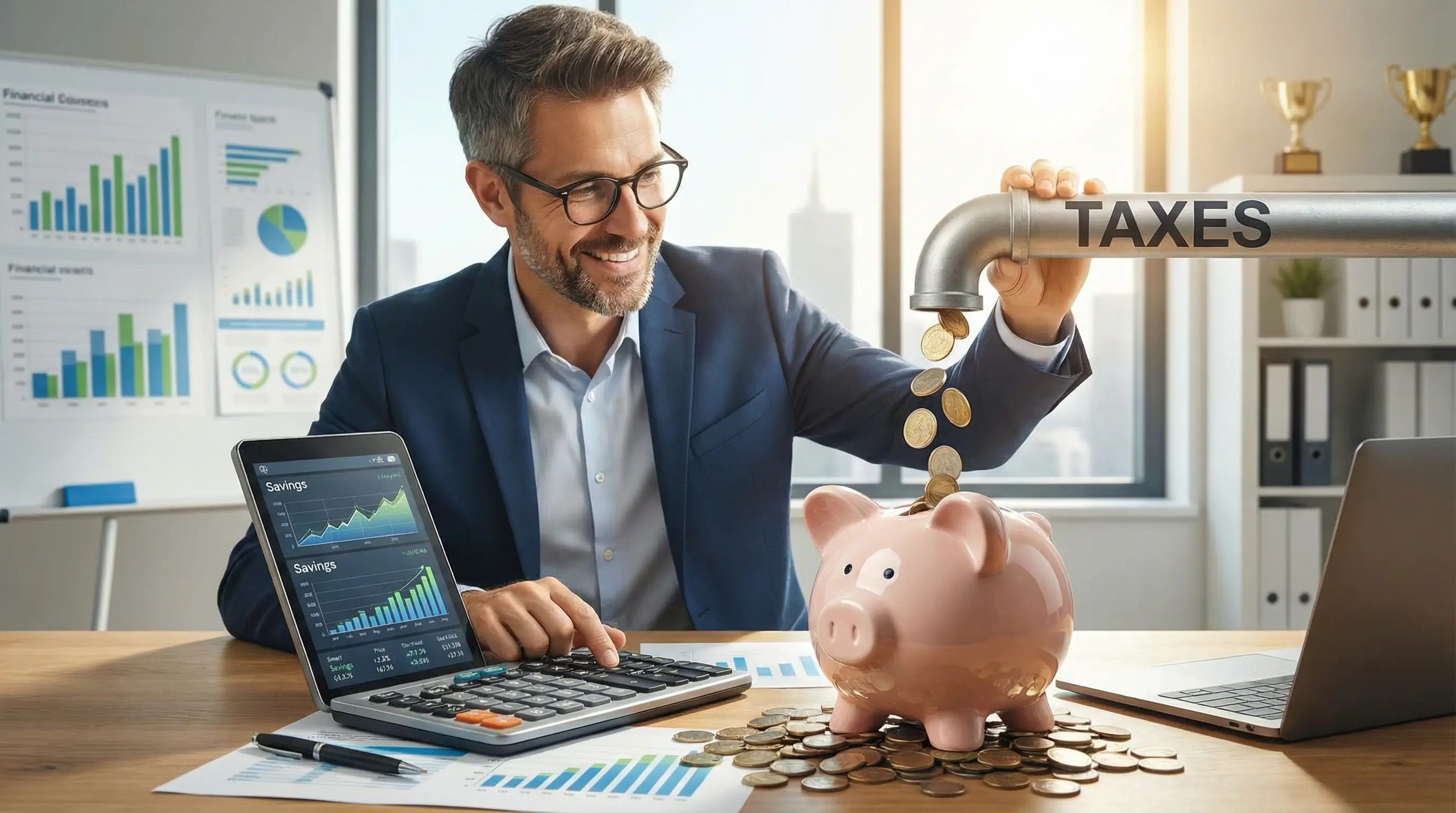 세금으로 나가는 돈을 막아 저금통에 쌓이는 동전과 스마트한 계산기를 사용하는 사업가의 모습