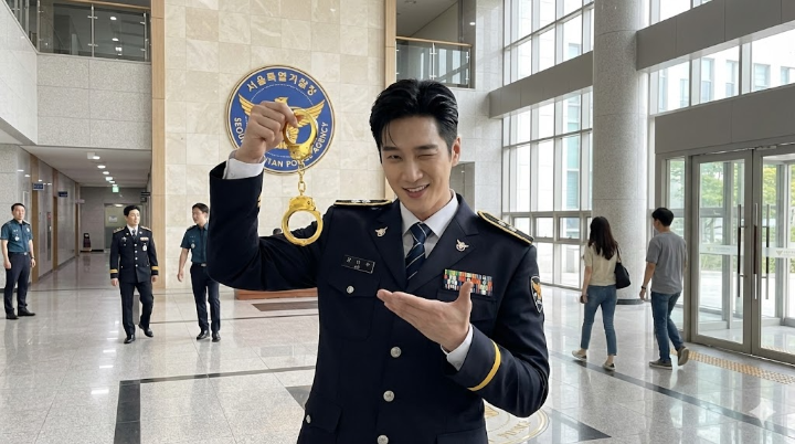 경찰청 로비에서 황금 수갑을 들고 장난스럽게 포즈를 취하는 진이수