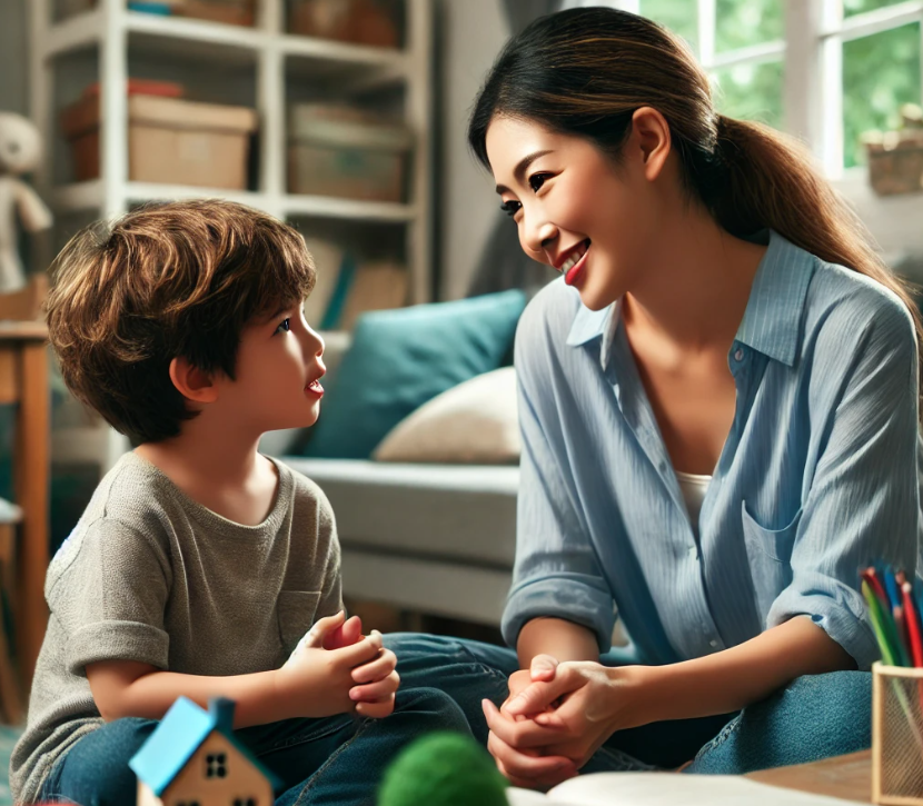 애기와 대화를 하고 있는 엄마를 하고 있는 장면을 하고 있으며 엄마는 아기를 사랑으롤 바라보고 있다