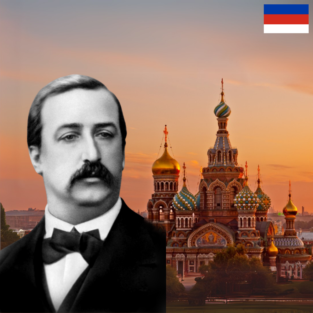 보로딘의 배경에 러시아 국기와 상트페테브루크 사진.