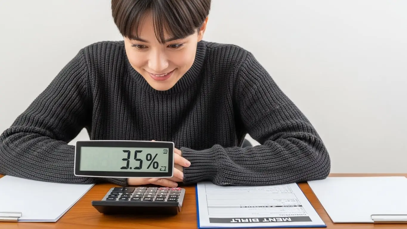 높은 월세 고지서를 보며 한숨 쉬는 세입자가 전세대출 이자 계산기를 통해 저렴한 이자를 확인하고 기뻐하는 모습