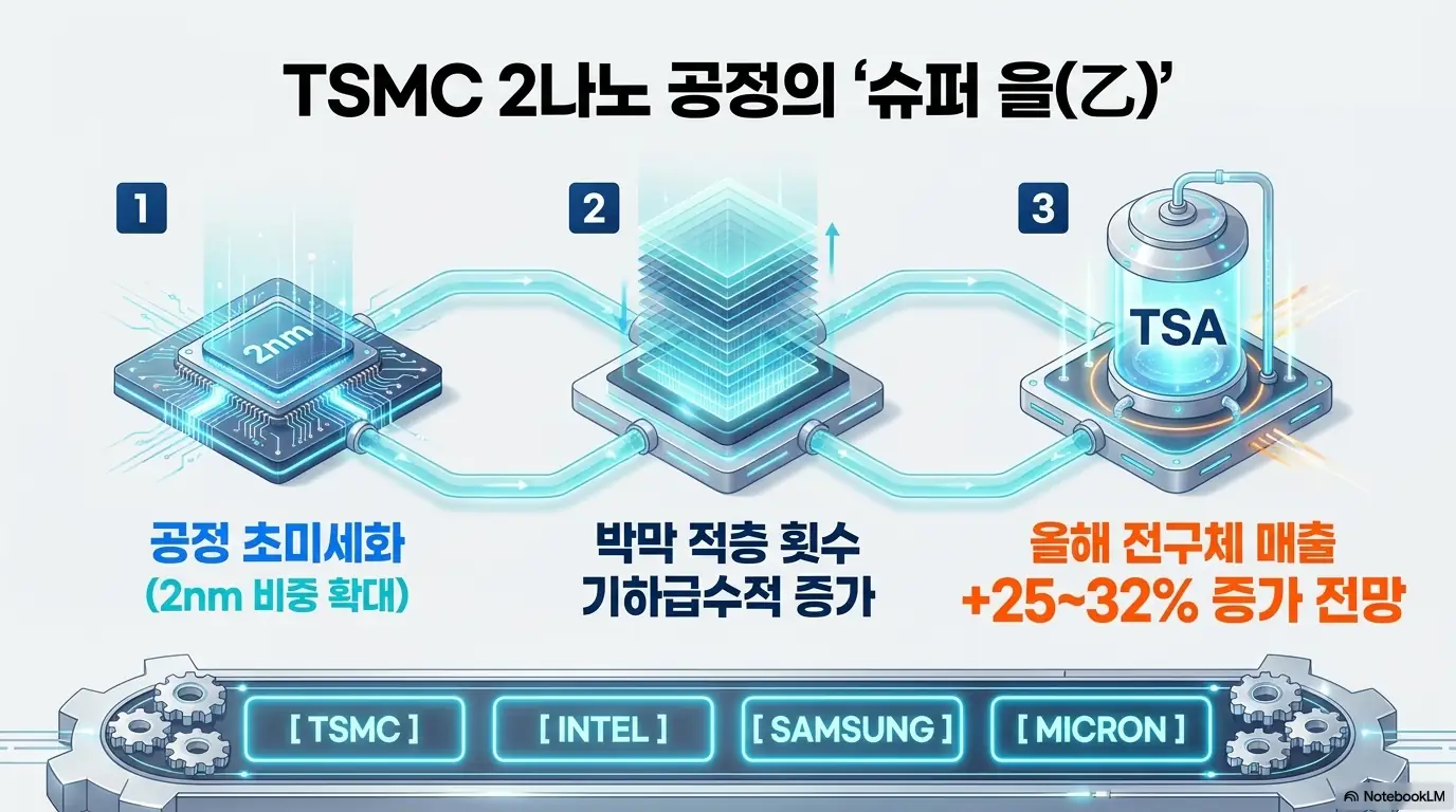 한솔케미칼 주가 전망: 한솔케미칼이 TSMC 2나노 공정의 슈퍼 을임을 설명하는 3단계 흐름 이미지. 공정 초미세화로 박막 적층 횟수가 기하급수적으로 늘어 TSA 전구체 수요가 증가하고, 올해 전구체 매출이 25~32% 늘어날 전망임을 시각적으로 정리함.