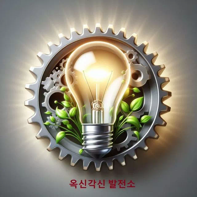 &quot;옥신각신 발전소 로고: 다양한 의견 대립 속 생각 발전을 상징하는 톱 네 바퀴, 전구, 새싹 일러스트&quot;