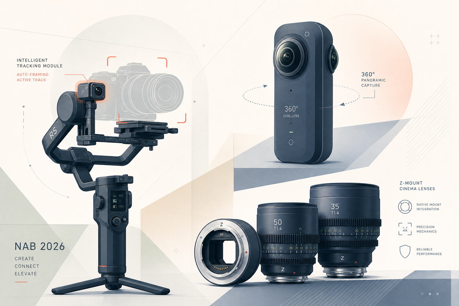 카메라 짐벌과 360도 카메라 및 시네마 렌즈를 보여주는 일러스트, DJI RS 5 Osmo 360 니콘 Z 시네마 렌즈