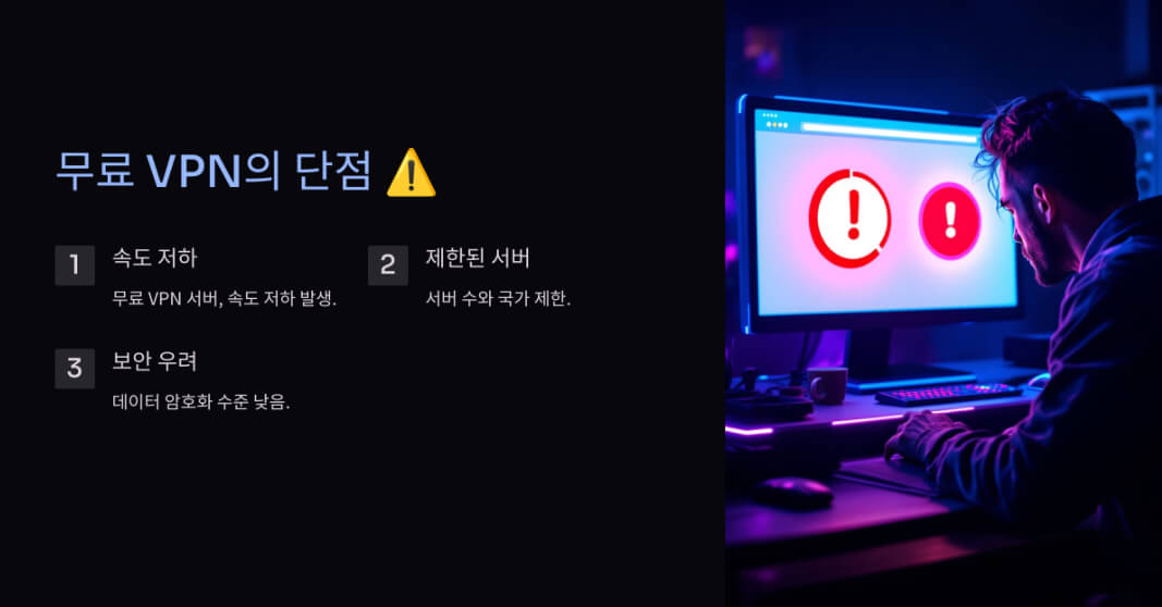 무료 VPN의 단점으로 속도 저하, 제한된 서버, 보안 우려를 경고 아이콘과 함께 강조. 어두운 환경에서 경고 메시지가 표시된 컴퓨터를 보는 사람의 모습