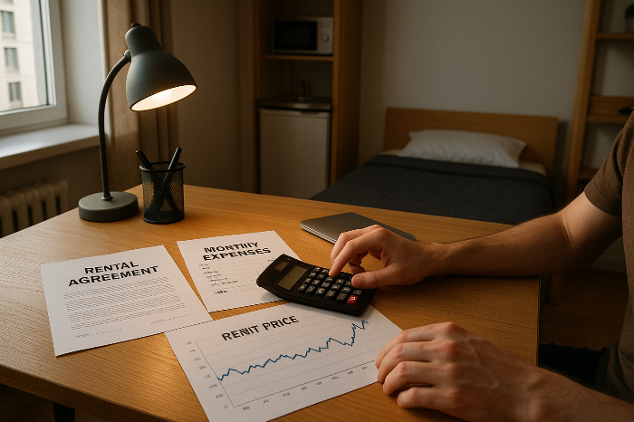 주거 비용 자료를 계산하는 청년의 손