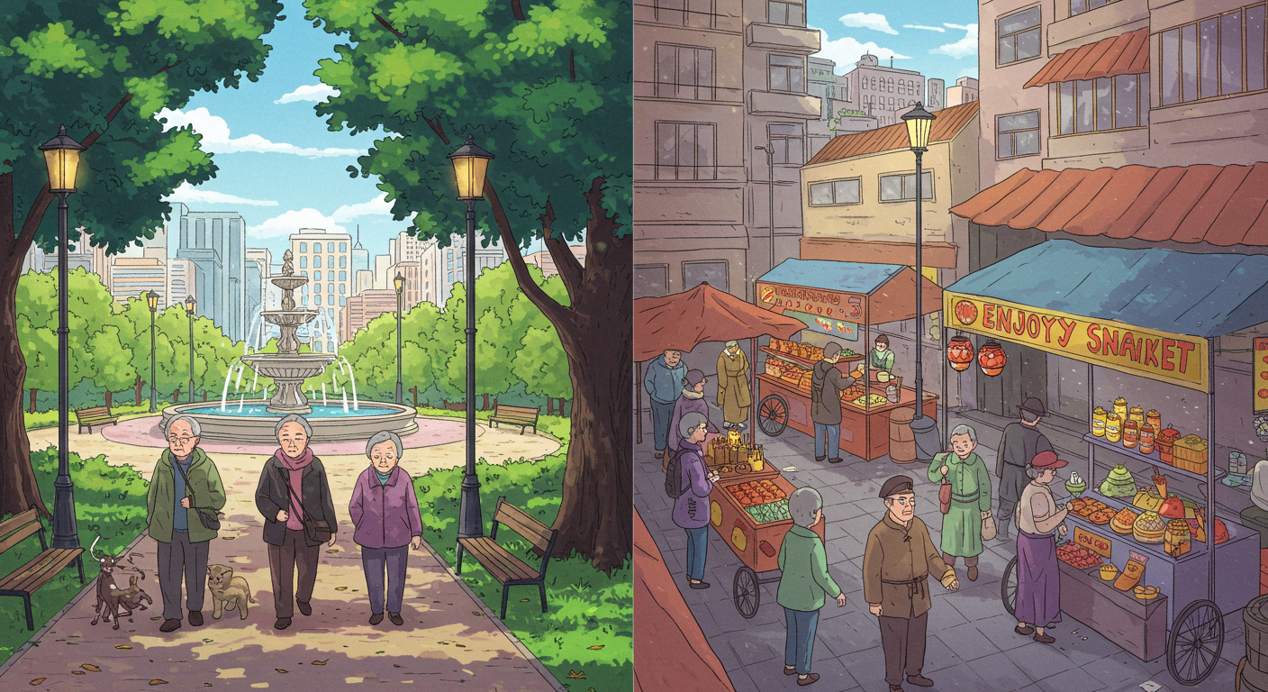 시민공원 산책과 전통시장 둘러보며 간식 즐기는 모습