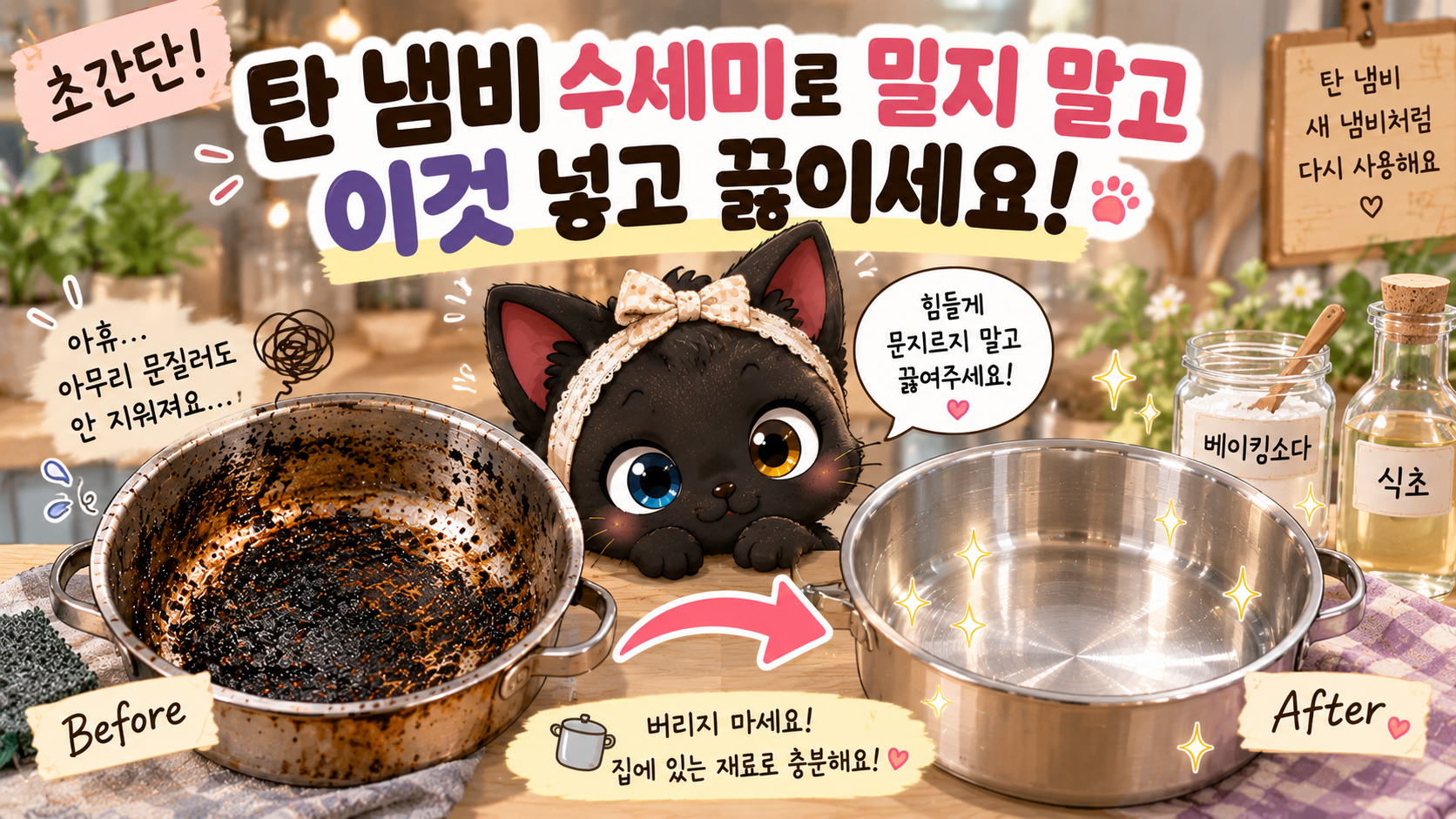 탄 냄비 수세미로 세게 밀지 마세요, 재질에 맞게 불려서 닦는 방법