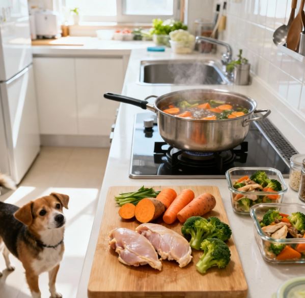화식을 위해 도마 위에 닭가슴살, 고구마, 당근, 브로콜리 등 신선한 재료들이 놓여 있다.