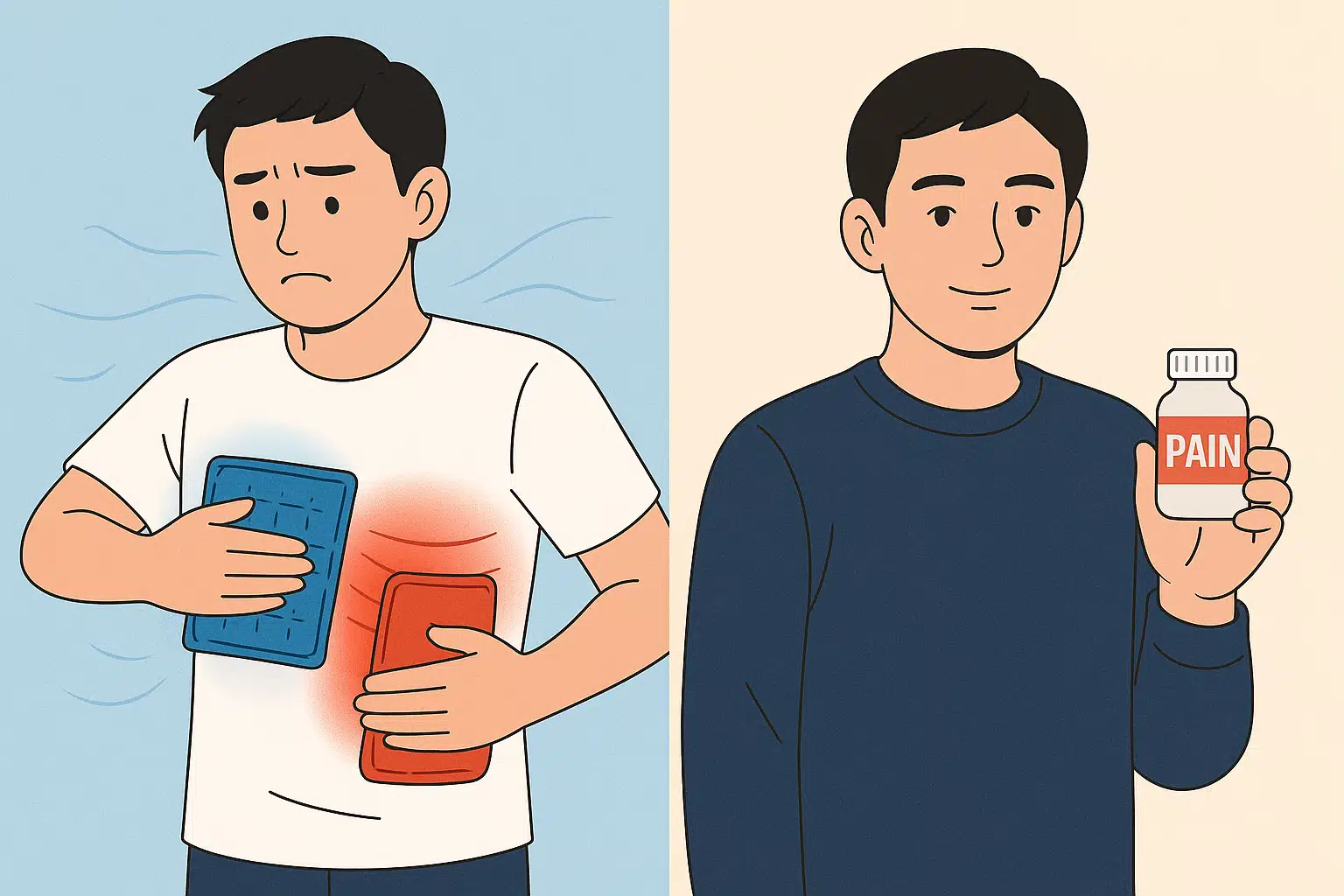 온찜질팩과 냉찜질팩을 갈비뼈 부근에 대는 모습, 진통제를 손에 들고 있는 모습