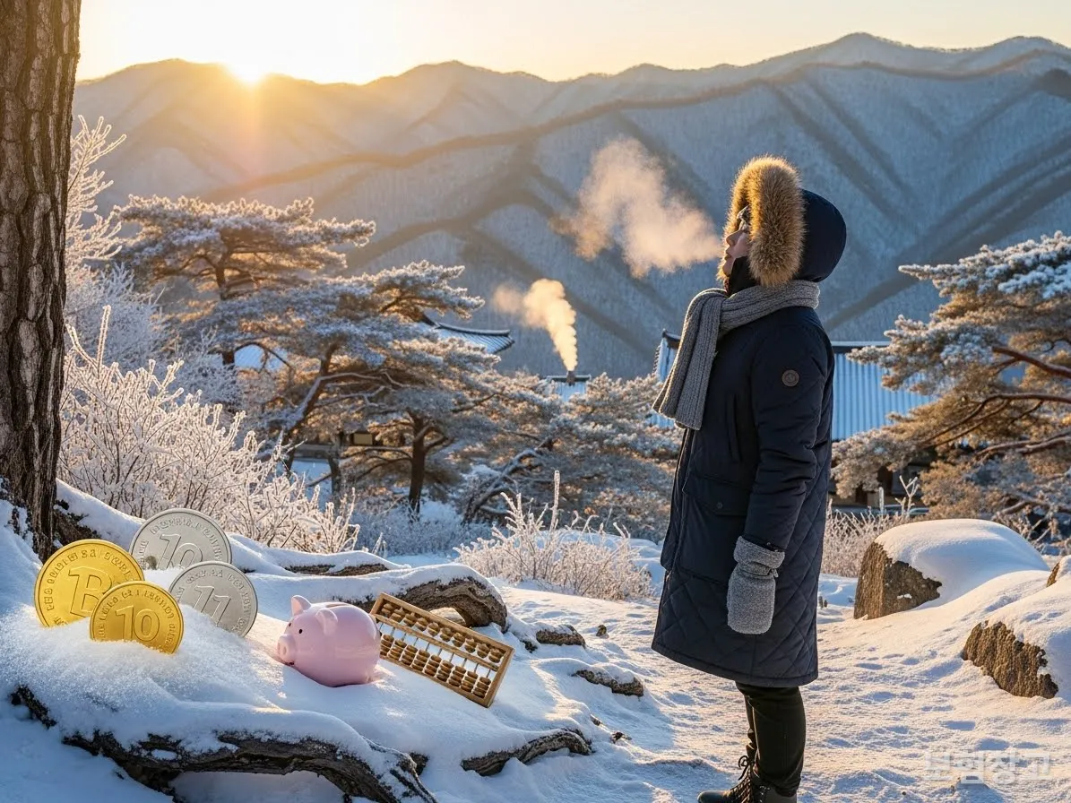 겨울 산에서 건강을 챙기는 한국인과 재정 상징