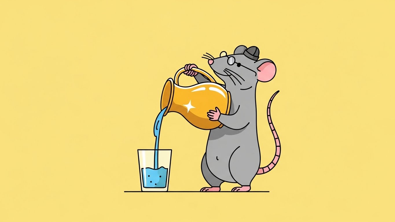 황금 주전자로 맑은 물을 따르며 지혜를 나누는 똑똑한 쥐 캐릭터의 2D 플랫 벡터 일러스트