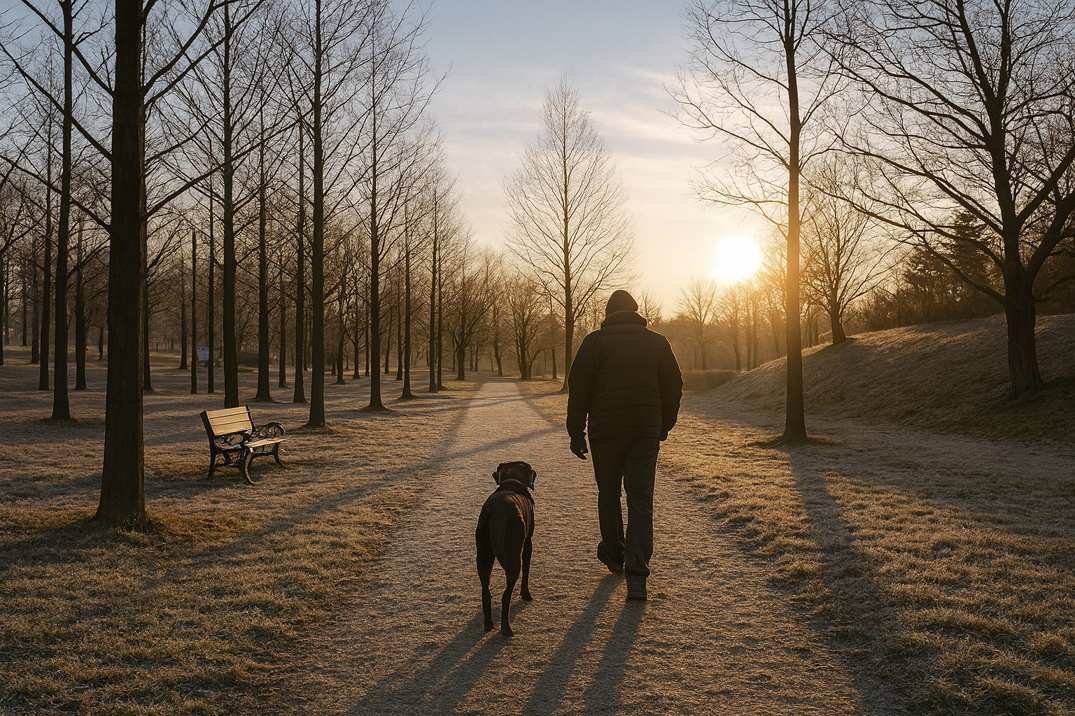 경주 대형견 여행 겨울 산책 신라왕경숲길 걷는 블랙리트리버와 보호자의 뒷모습