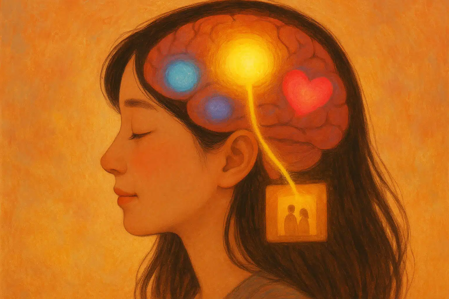 뇌 속에서 강렬한 감정(기쁨, 슬픔, 사랑)이 빛나는 장면