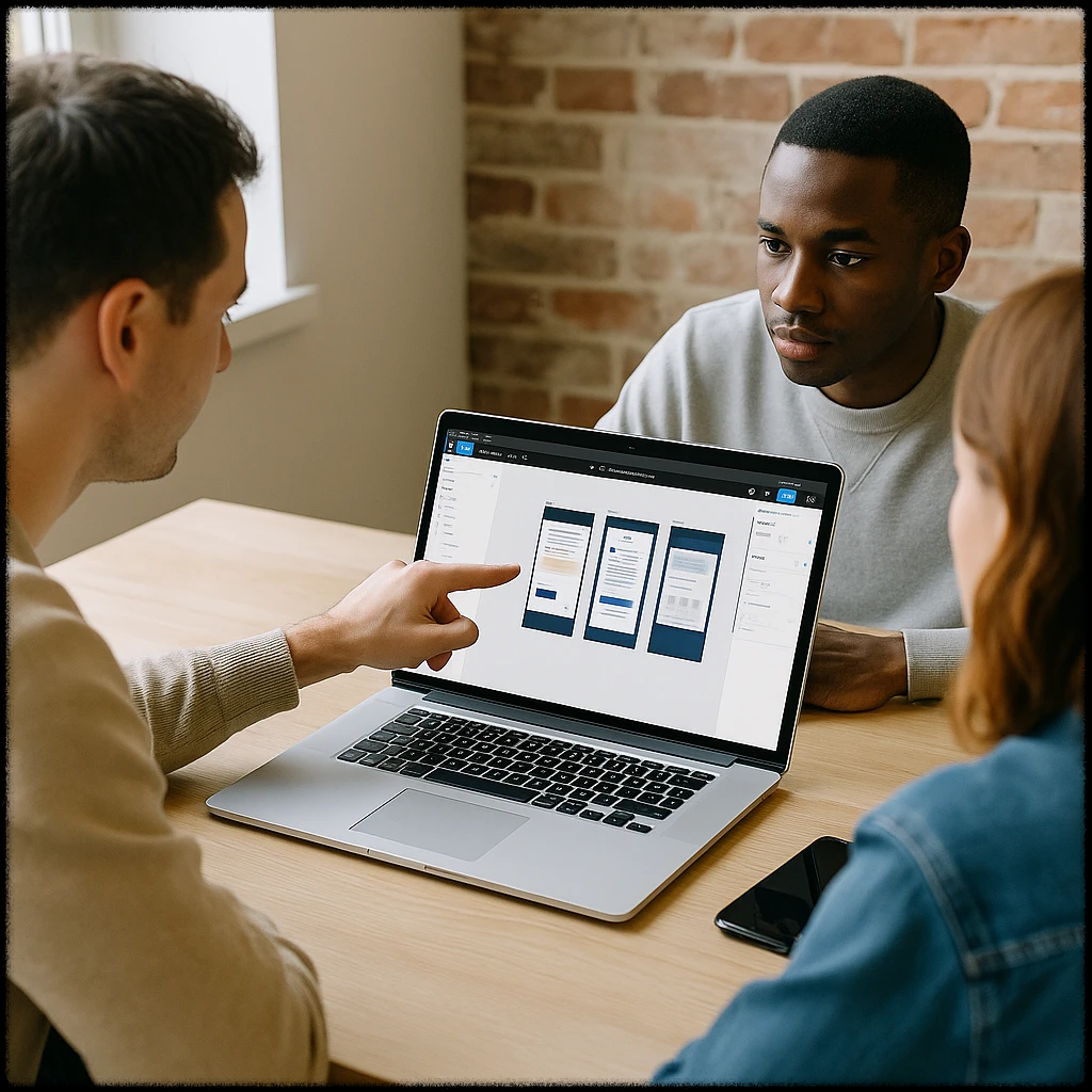 Figma 화면을 보며 회의 중인 팀원들의 모습