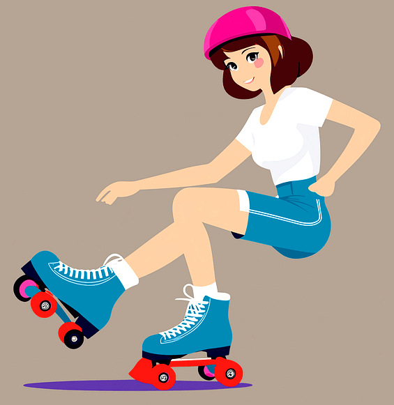 하늘색 반바지와 하얀 여름 셔츠를 입은 갈색 단발머리연자가 하늘색 롤러스케이트를 타다가 넘어지려고 한다.