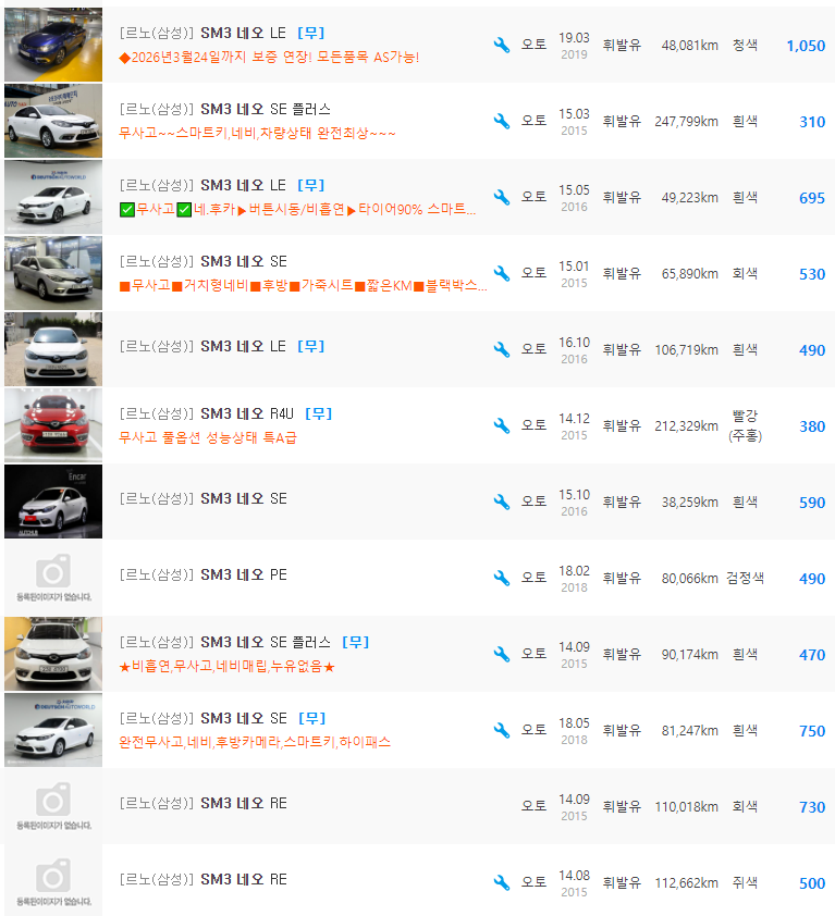 SM3 네오 1.6 가솔린 등급 중고차 가격 : 280만원 ~ 1,080만원