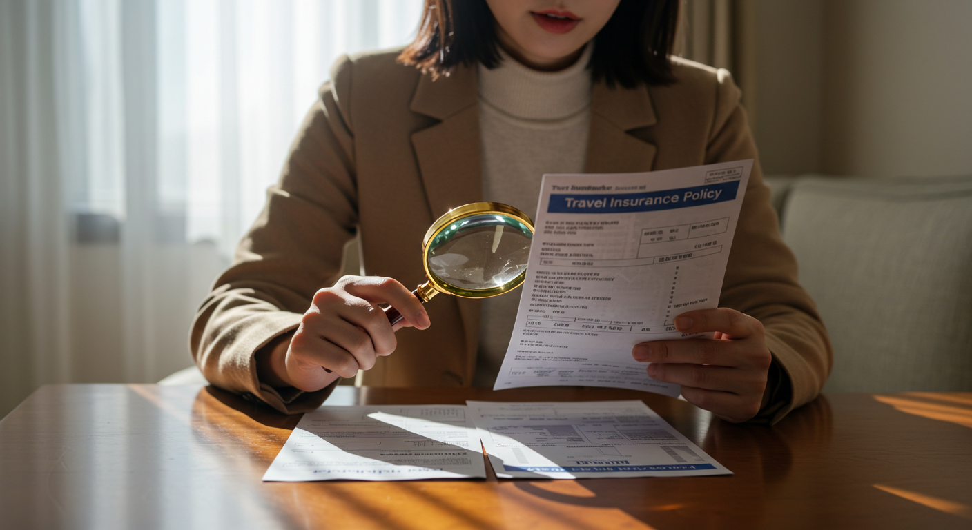 여행자가 돋보기로 여행자 보험 약관을 꼼꼼히 확인하며 최종 결정을 내리는 모습.