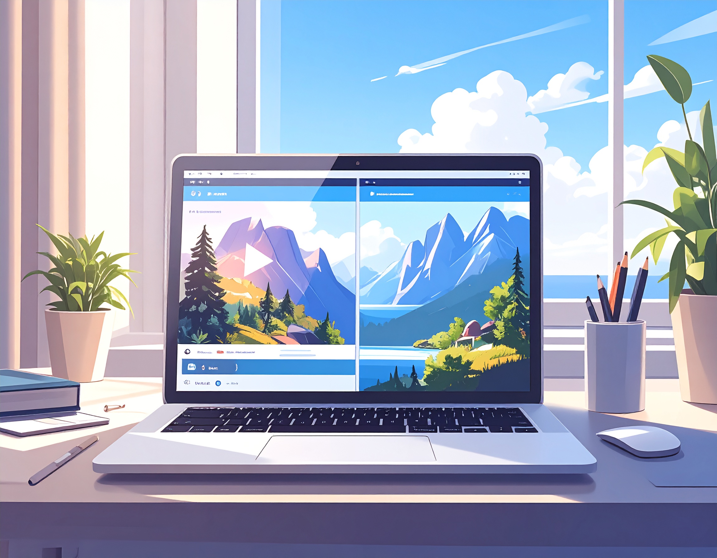 노트북 화면이 좌우로 분할된 모습. 왼쪽엔 강의 영상, 오른쪽엔 문서 편집 창이 열린 상태를 상단 키보드 단축키(Win+←→) 오버레이로 강조.