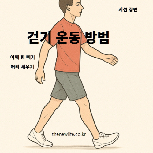 걷기 운동 올바른 자세를 설명하는 일러스트 이미지 – 허리 세우기, 시선 정면, 어깨 힘 빼기