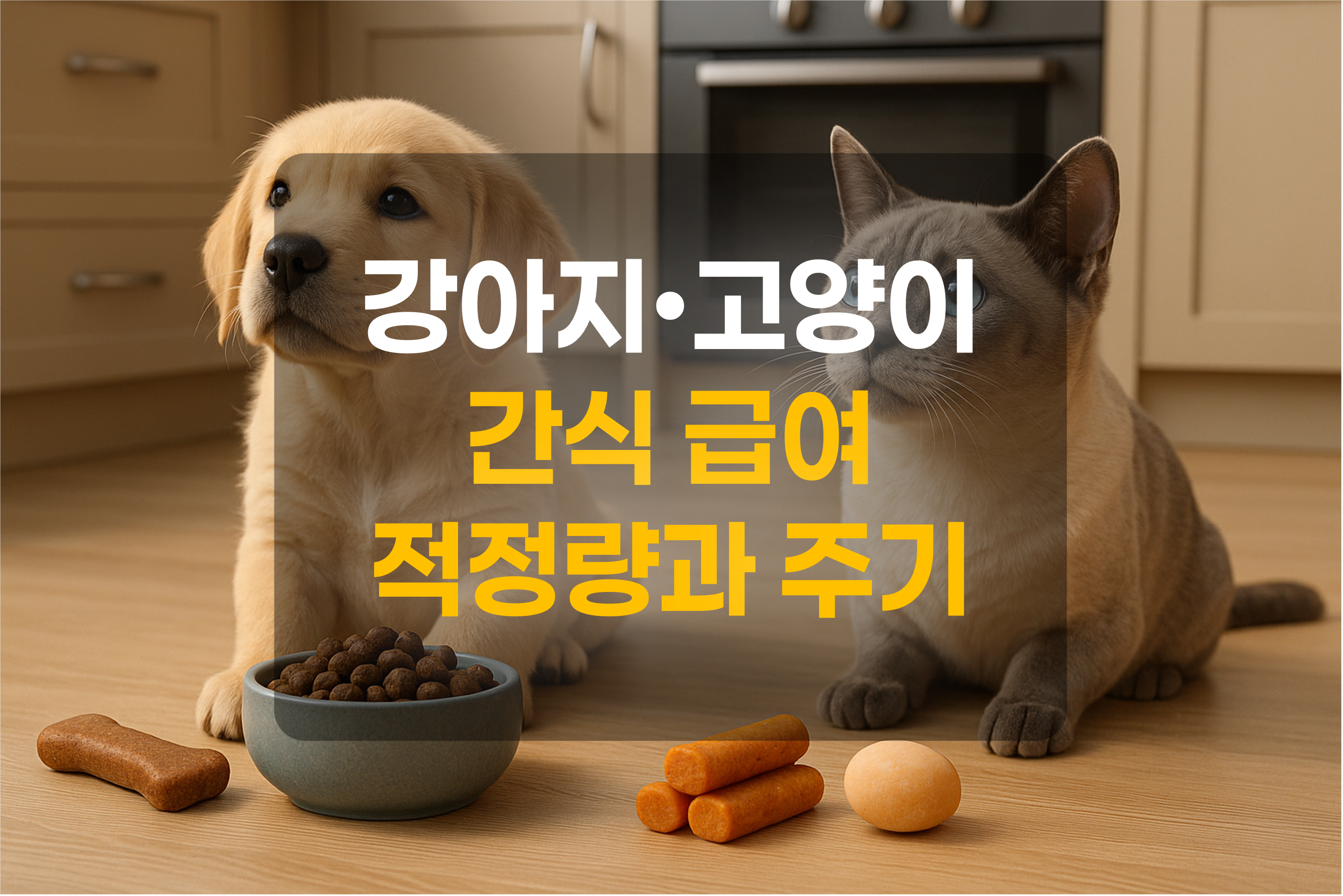 강아지, 고양이, 사료, 반려동물 간식이 놓인 집안의 모습을 표현한 그림