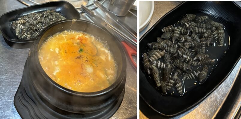 향촌구이-기본반찬-순두부찌개,고동