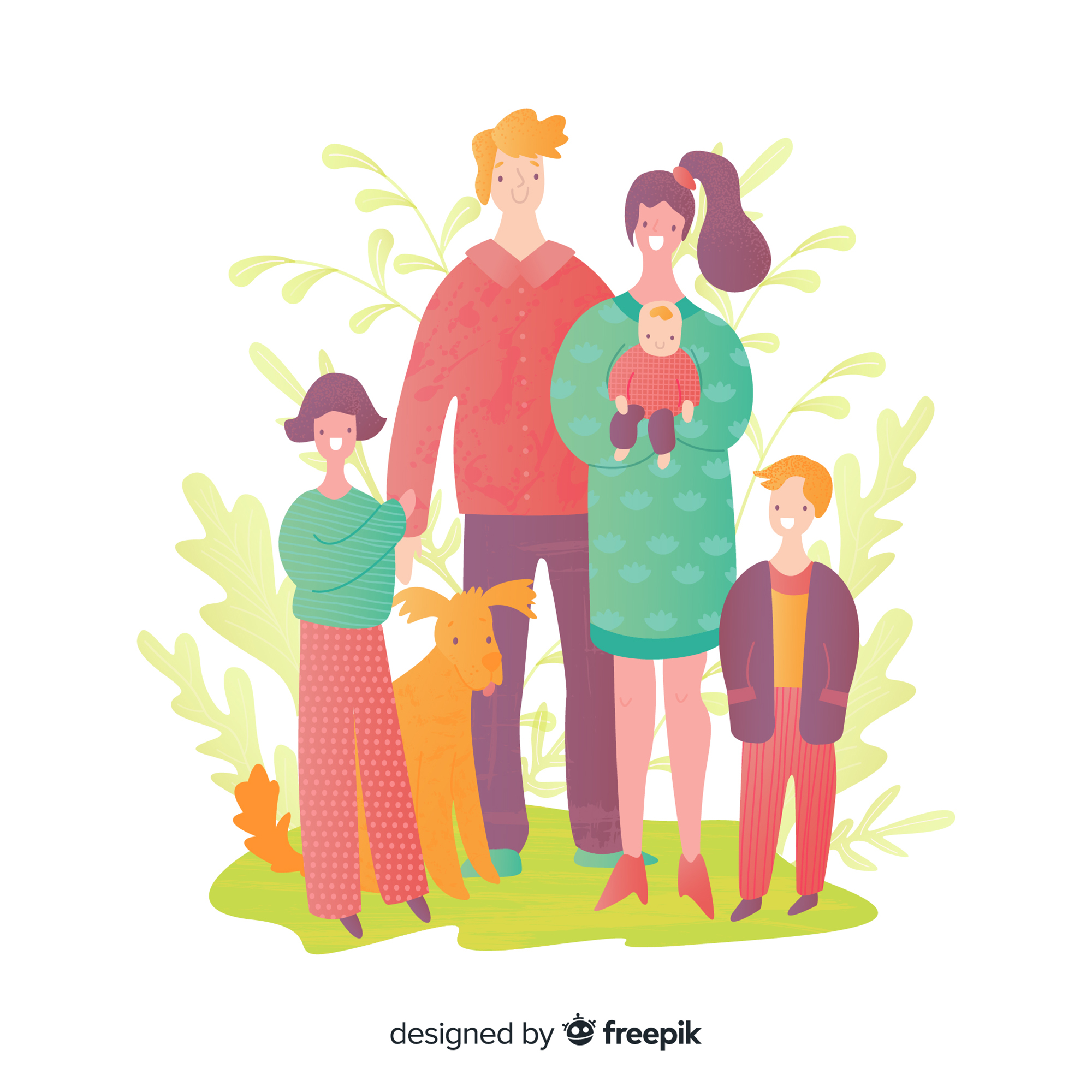 세 자녀 이상을 둔 가족이 함께 있는 일러스트 이미지