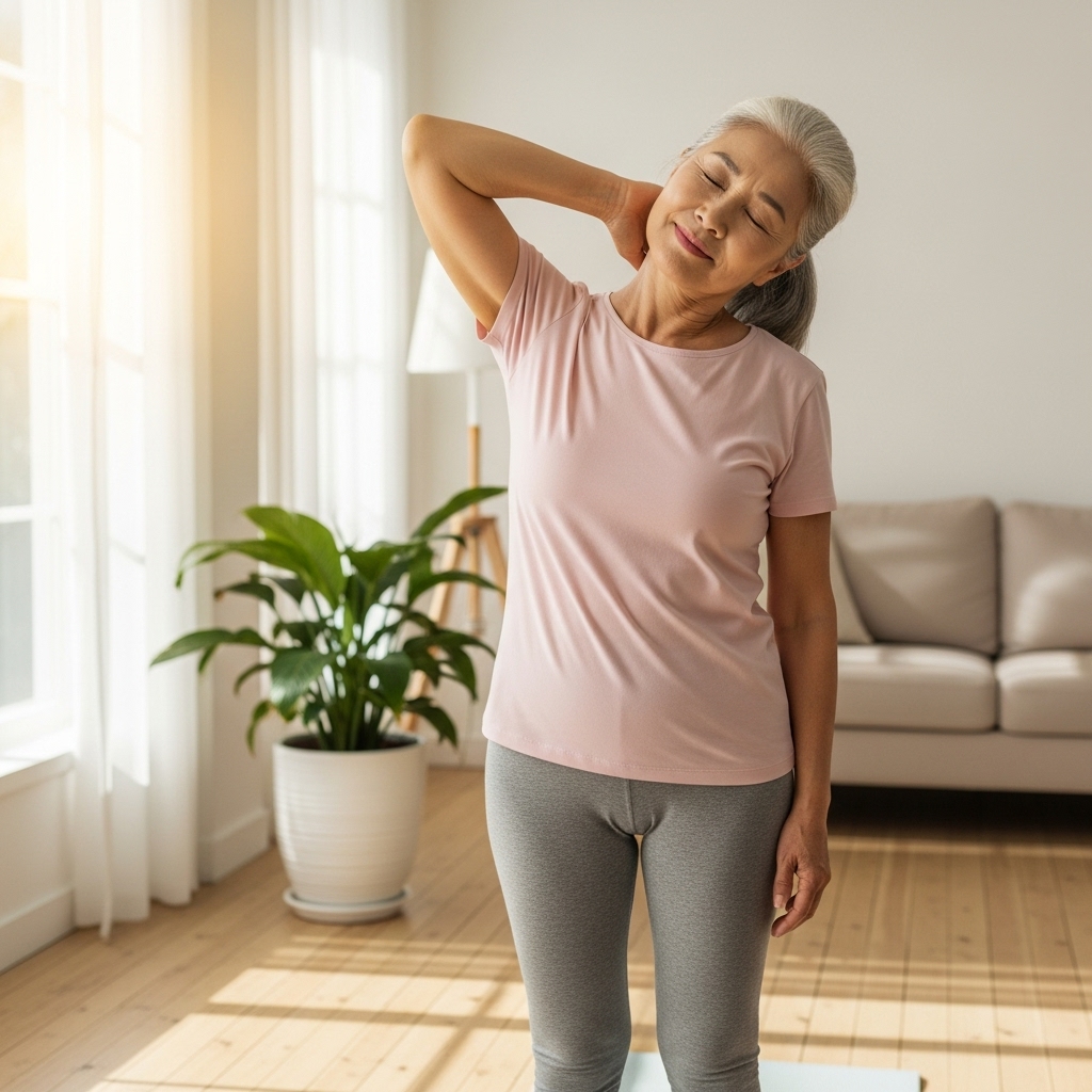 편안한 복장의 나이 든 한국 여성이 햇살 가득한 거실에서 목과 어깨를 부드럽게 스트레칭하며 혈액순환 개선 운동을 하는 모습