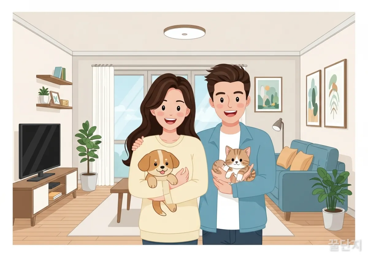 아기 대신 강아지와 고양이를 안고 행복해하는 한국인 딩펫족 커플