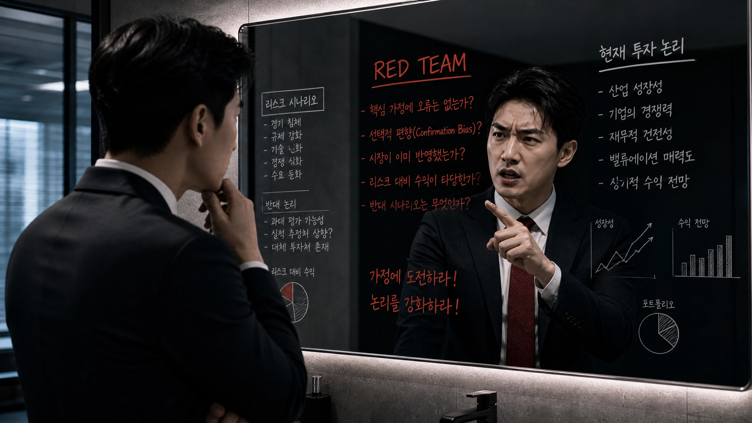 스스로의 논리를 비판적으로 검토하는 '레드팀 전략'을 상징하는 이미지