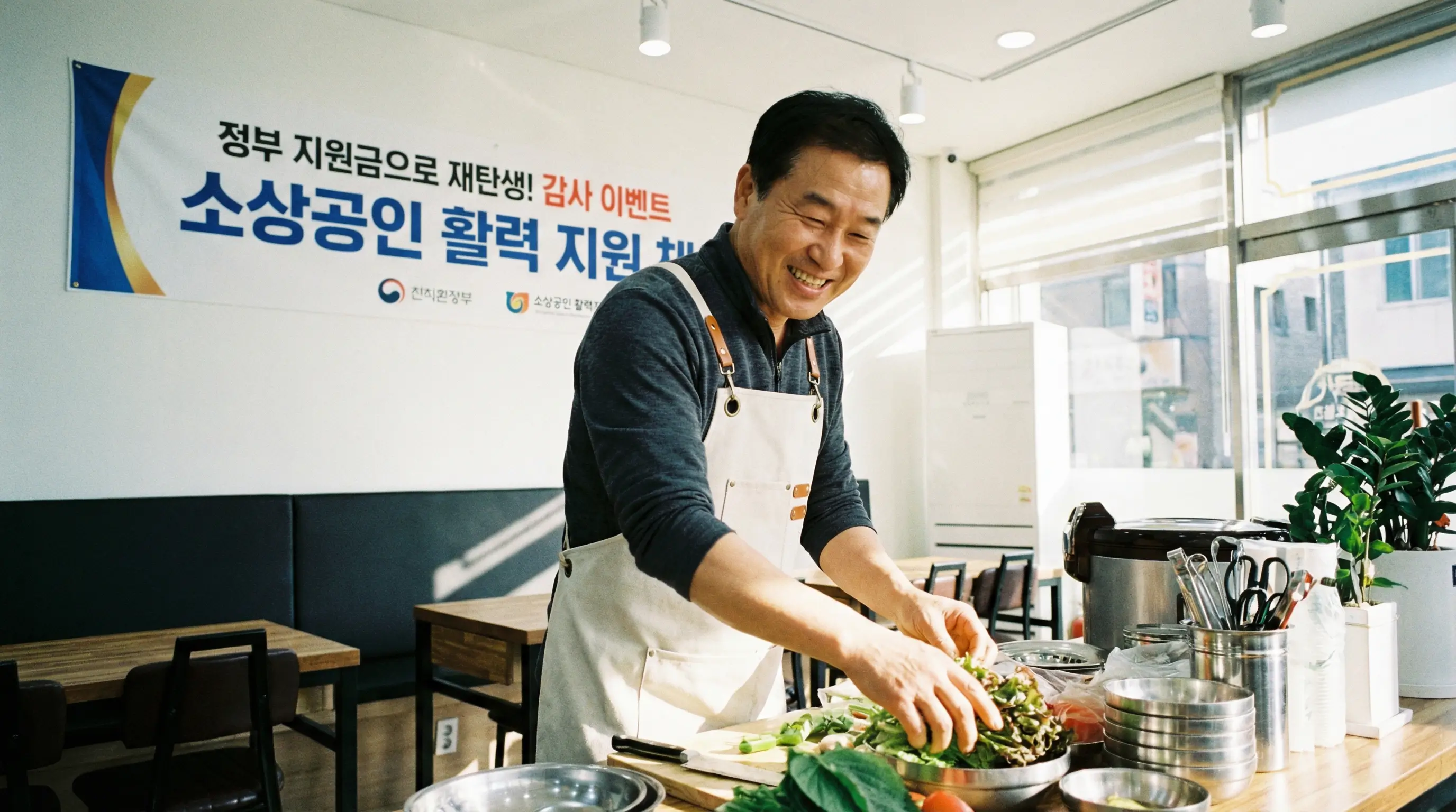 지원금을 받아 가게 운영에 활력을 되찾은 사장님이 밝은 표정으로 영업 준비를 하는 모습