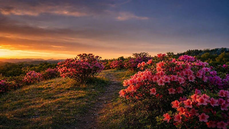 <img src="Azaleas-blooming-on-the-hill-at-sunset.jpg" alt="노을 진 언덕 위로 피어난 진달래꽃">