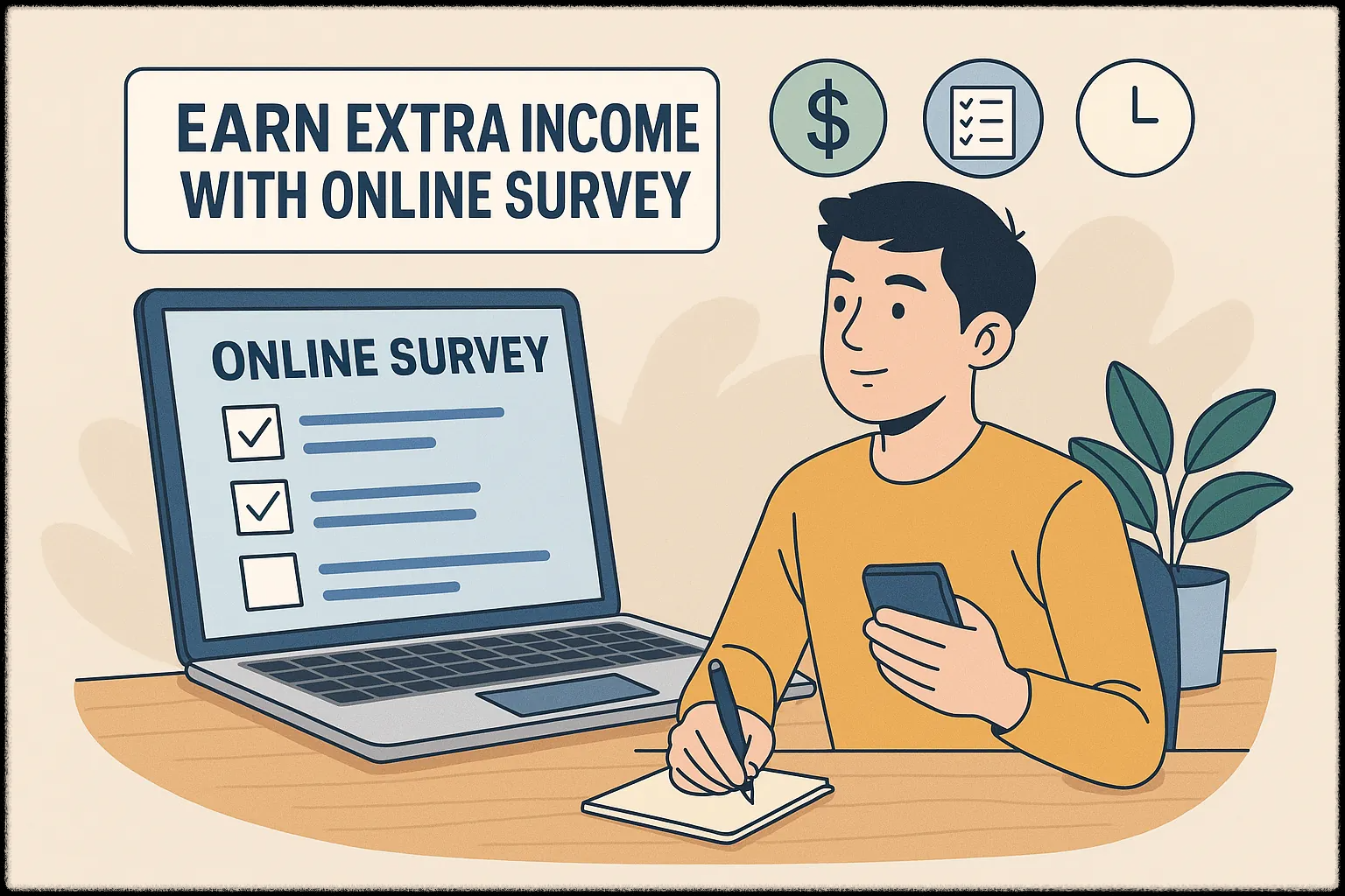 노트북과 스마트폰을 이용해 설문조사에 참여하며 수익을 기록하는 모습의 이미지