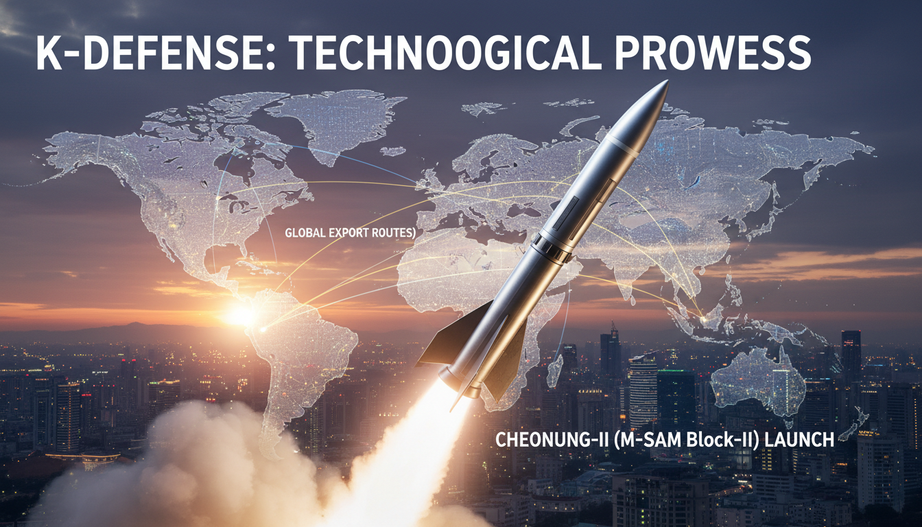 새벽에 발사되는 한국형 중거리 지대공 미사일 천궁2(M-SAM Block-II)와 세계 지도 위에 그려진 K-방산 수출 경로를 보여주는 역동적인 이미지.