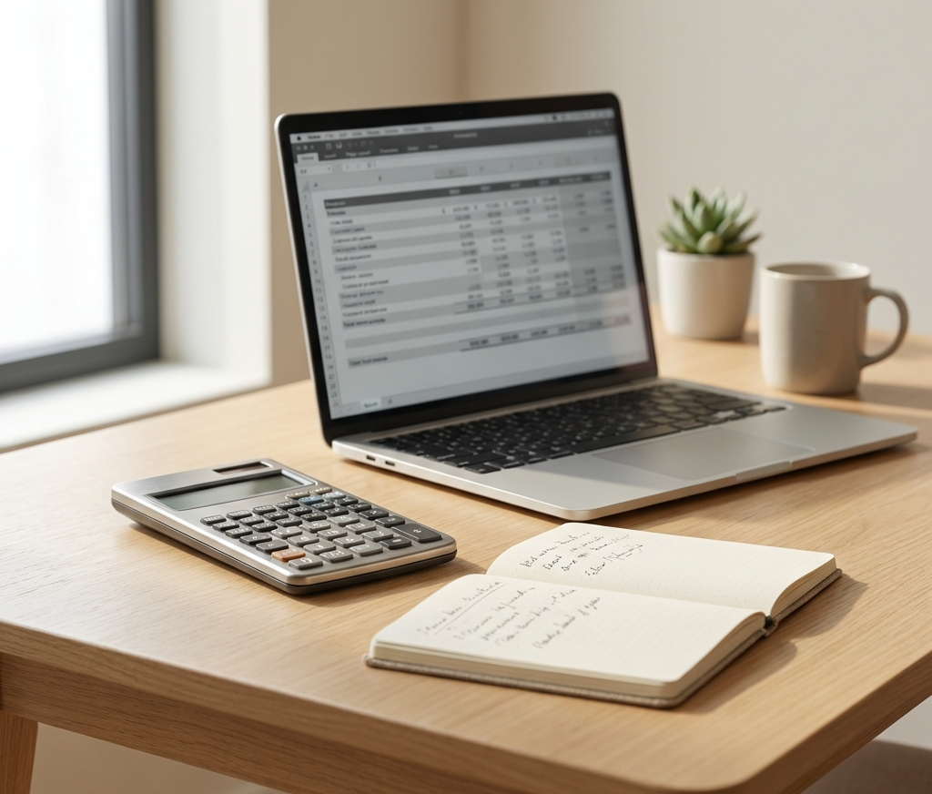 금융 분석가의 작업 공간을 담은 이미지로, 자연광 아래 고급스러운 나무 책상 위에 놓인 금융 계산기와 손글씨 재무 노트, 그리고 금융 보고서 표가 흐릿하게 보이는 노트북 화면이 포함된 전문적이고 깔끔한 분위기의 사진