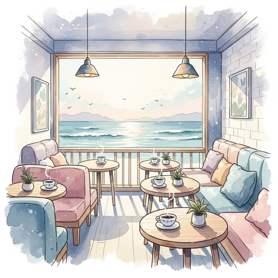 창밖으로 바다가 보이는 강릉 커피거리 카페