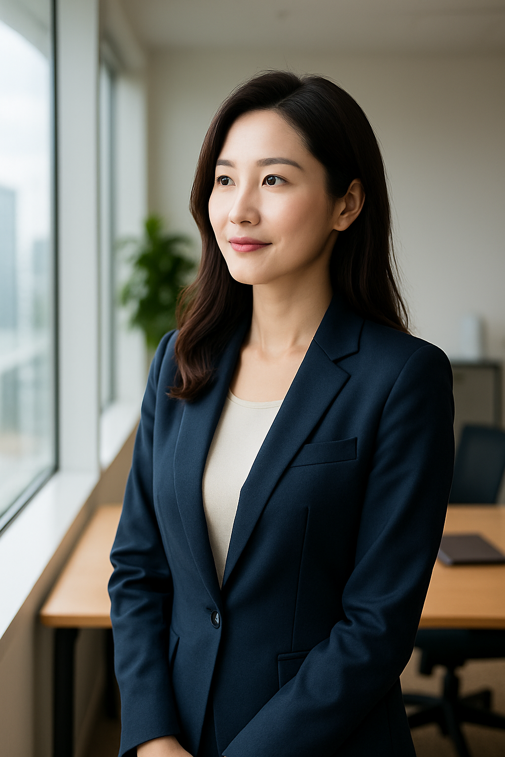 새로운 사무실에서 창밖을 보며 자신감 있는 표정을 짓고 있는 중년 여성